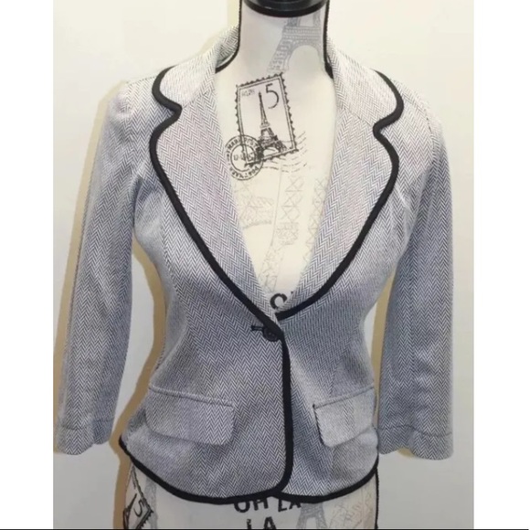 Monteau Women Cropped Herringbone Black White with contrast Piping Blazer Small - Picture 6 of 8